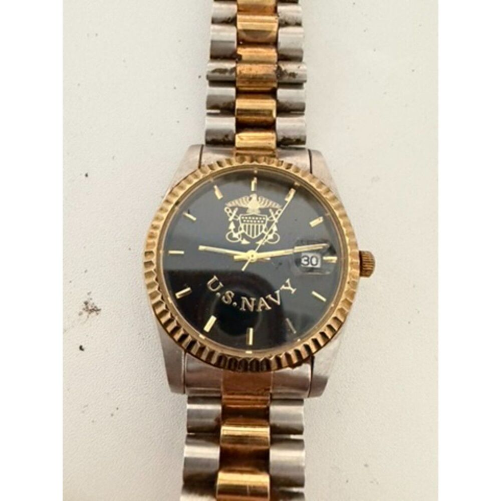 US navy two toned stianless steel and gold tone analog watch